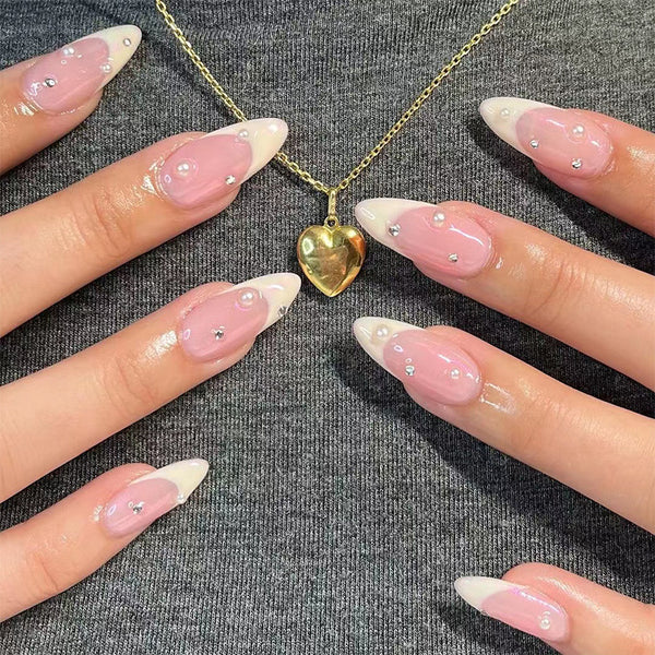 French Water Drop Manicure Rhinestones Wear Nails - WOMONA.COM