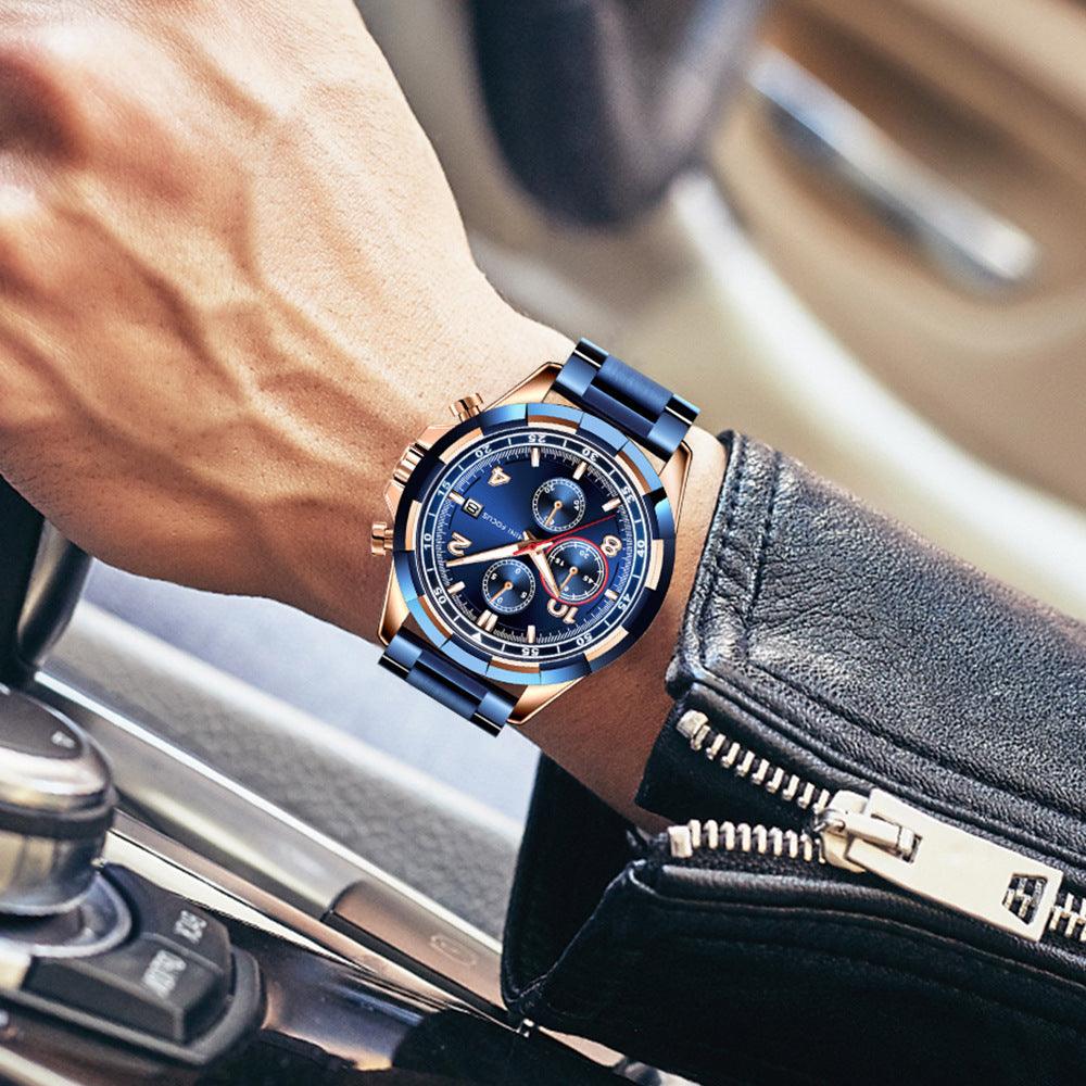 Men's quartz watch: blue dial, rose-gold bezel, steel bracelet and black strap