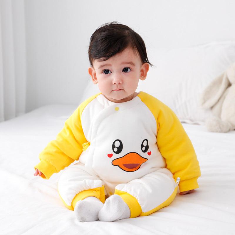 Newborn yellow-and-white duck print cotton onesie with raglan sleeves