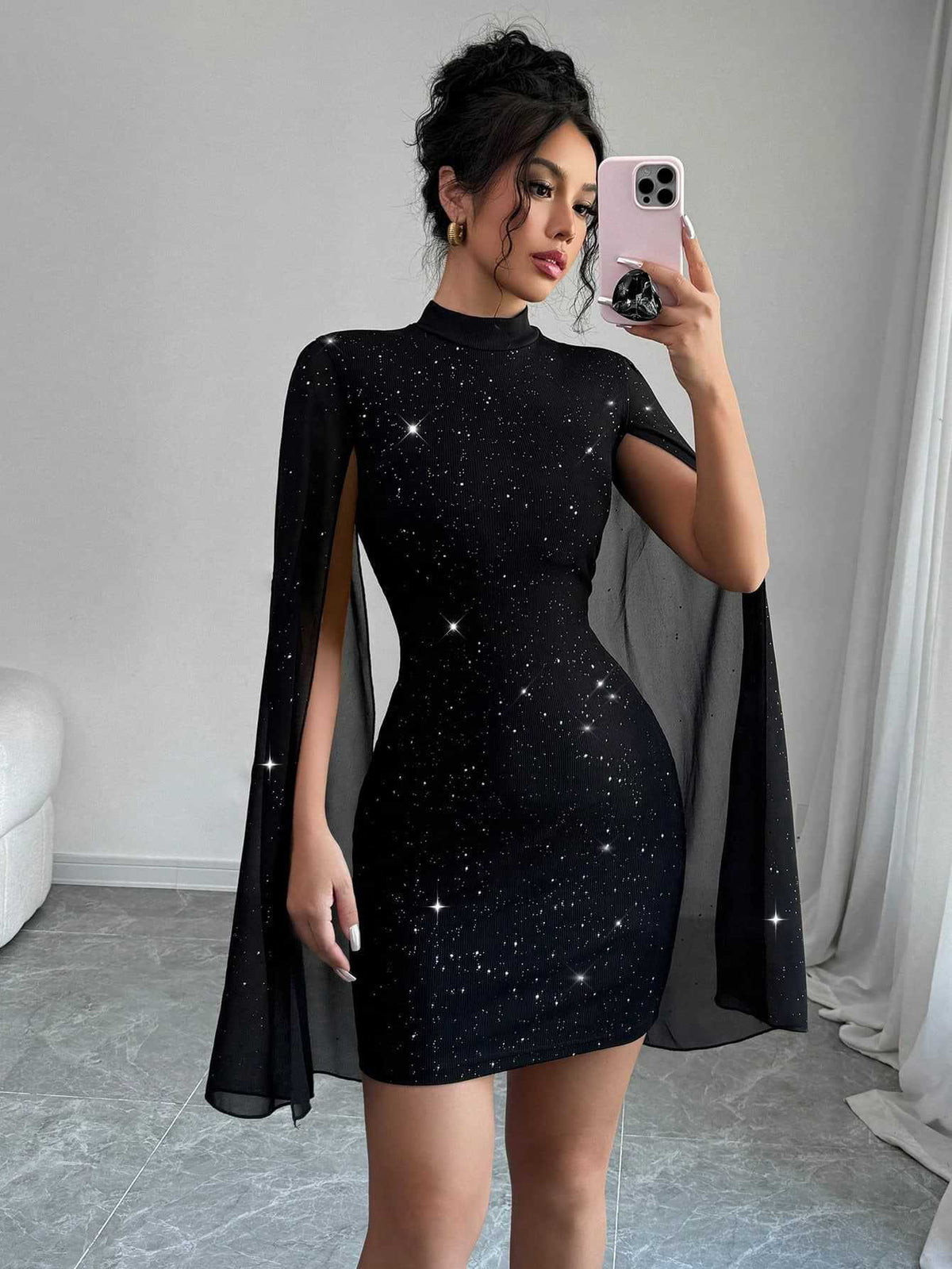 Women's pearl-detail cape-sleeve mini dress
