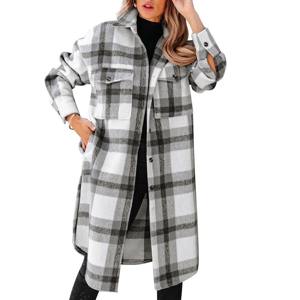Long plaid flannel coat with button front and chest pockets, light gray and charcoal