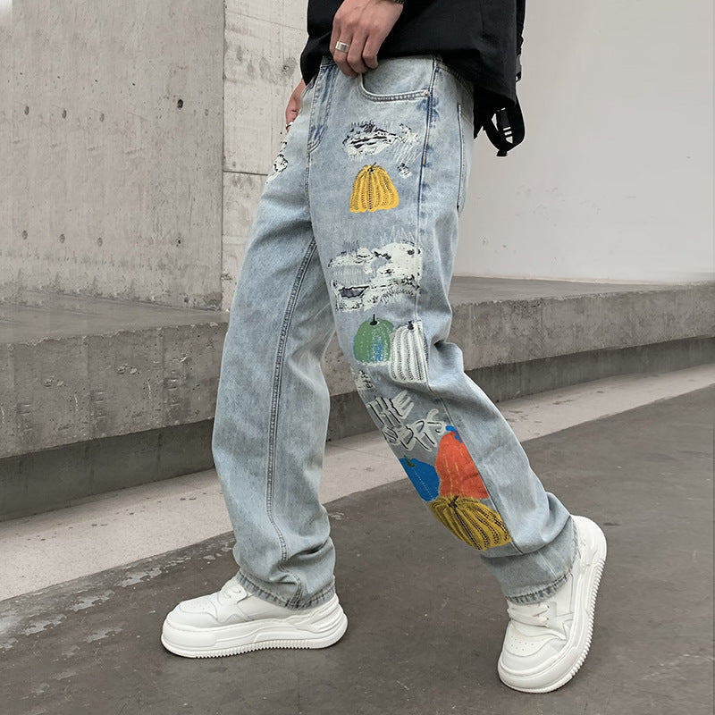 Jeans Mode Druck Lose Gerade Hose