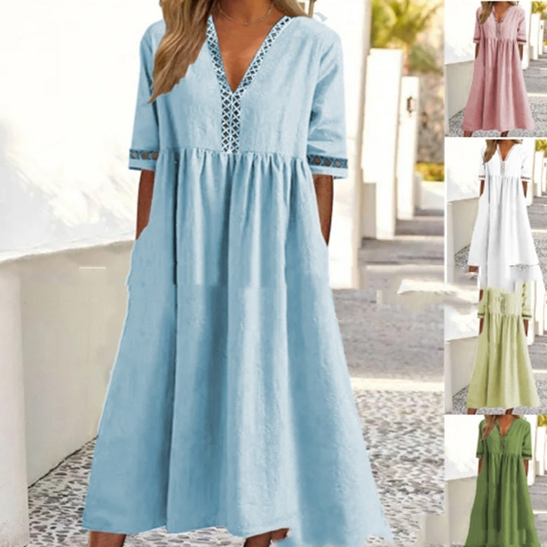 Solid Color Short Sleeve Lace V-neck Tight Waist Dress - WOMONA.COM