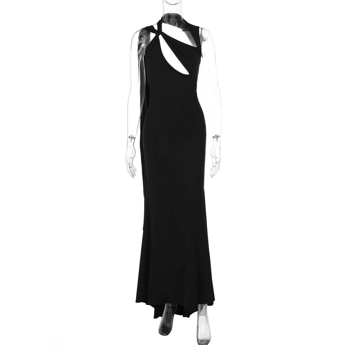 Black halter maxi dress shown front-only with bust cutout and neck tie