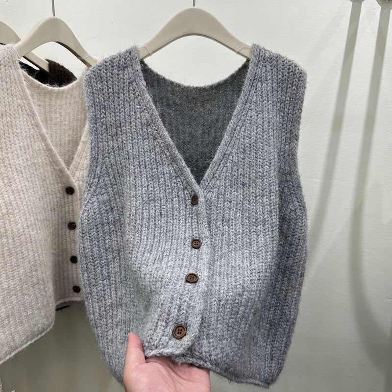 Einfarbige, locker sitzende, vielseitige, ärmellose Strickjacke, Pulloverweste, Strickweste für Damen