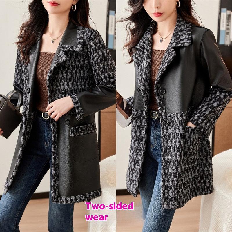 Women’s reversible leather coat with textured front panels and smooth leather side