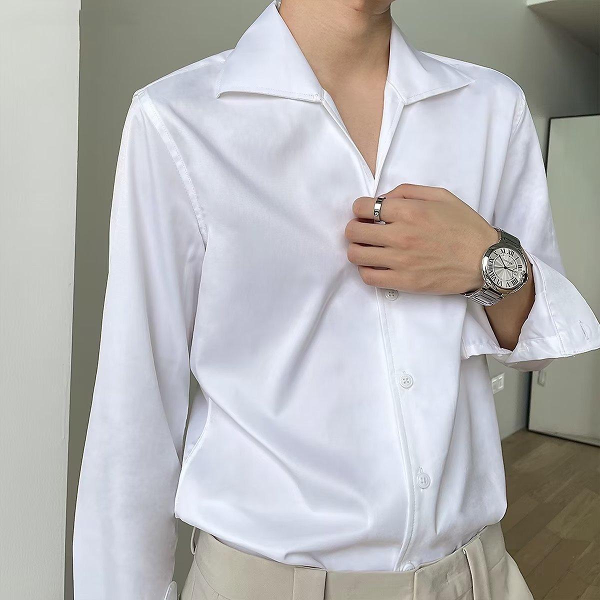 Men's casual button-up shirt, white with point collar and button front