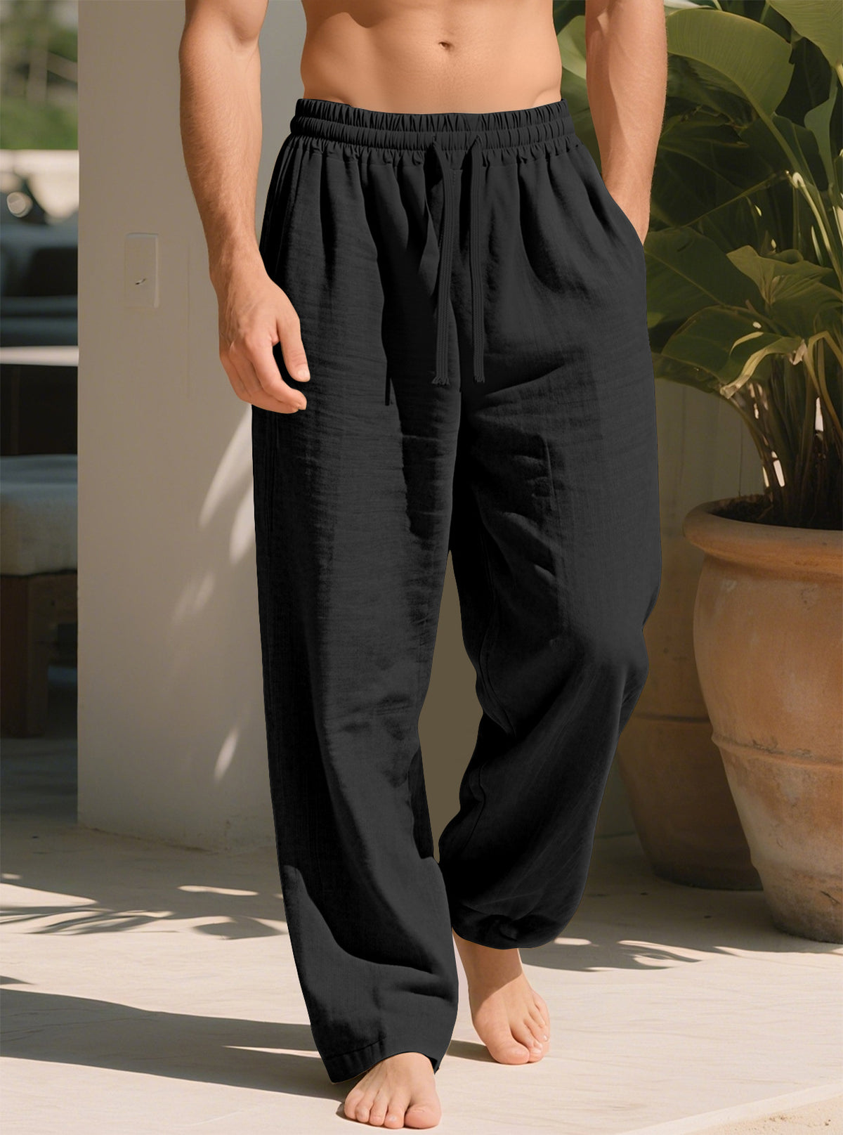 Men's quick-dry cotton-linen loose straight pants, black elastic drawstring waist