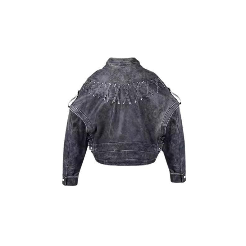 Female Vintage Weave Leather Jacket Coat - WOMONA.COM