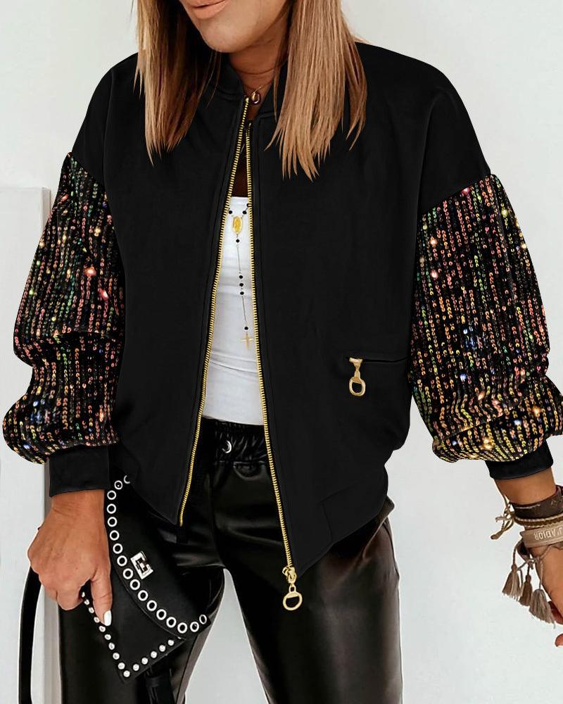 Women's New Colorful Sequin Stitching Long-sleeved Coat - WOMONA.COM