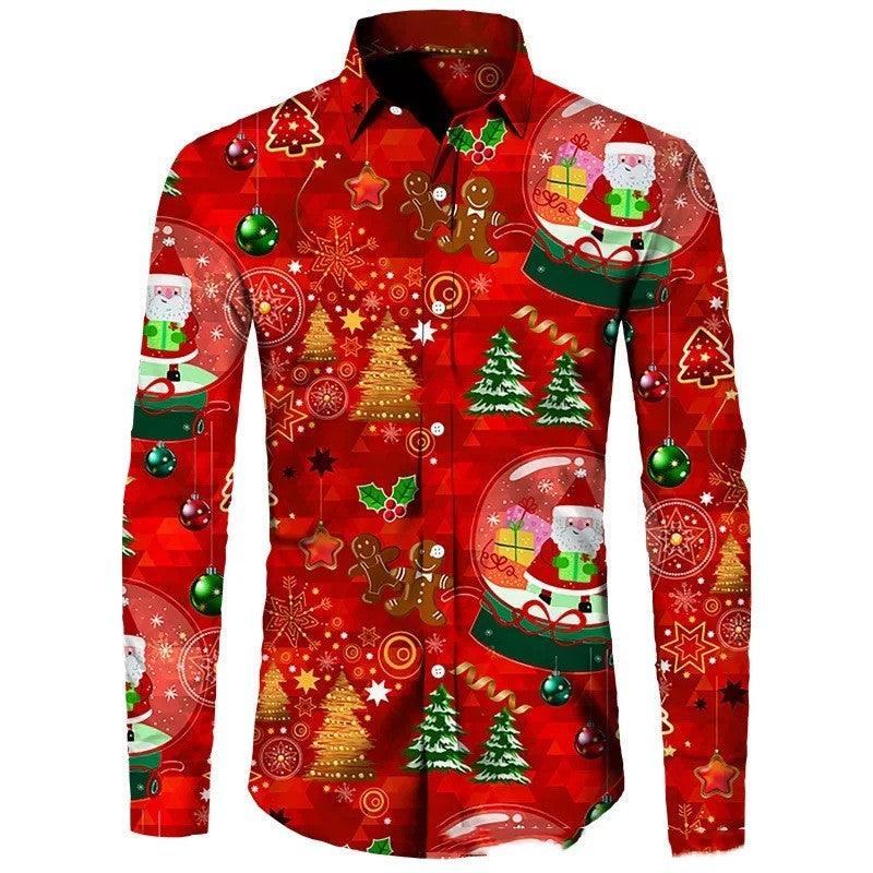 Youth lapels casual shirt in red with Christmas icons print and long sleeves