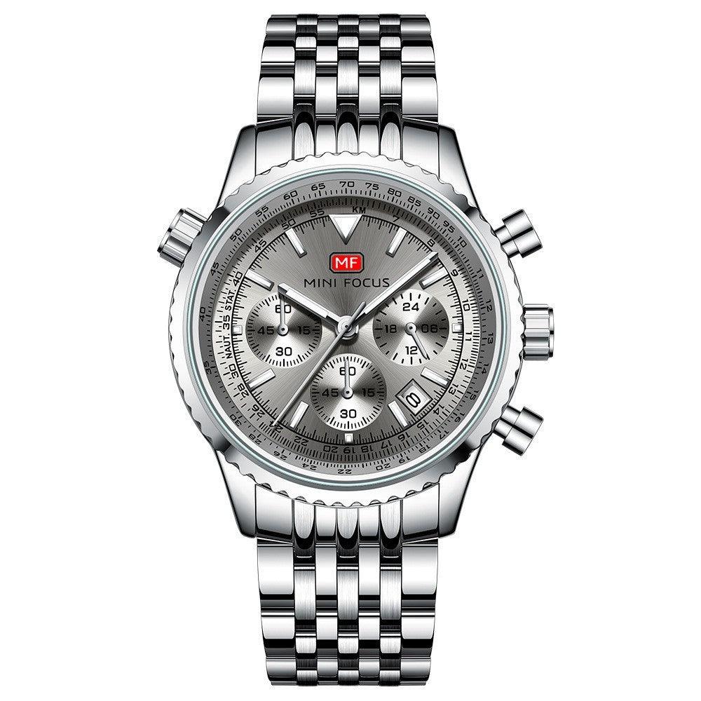 Men's multifunction quartz watch with white dial and silver metal bracelet