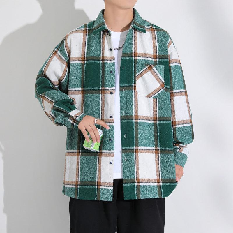 Green plaid button-up coat with chest pocket and long sleeves