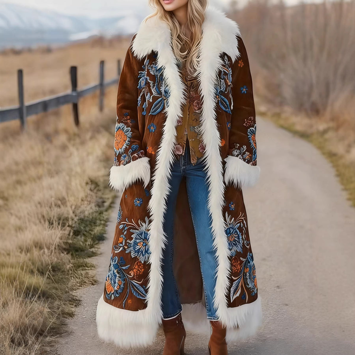 Long brown embroidered coat with white faux fur trim and wide floral sleeves