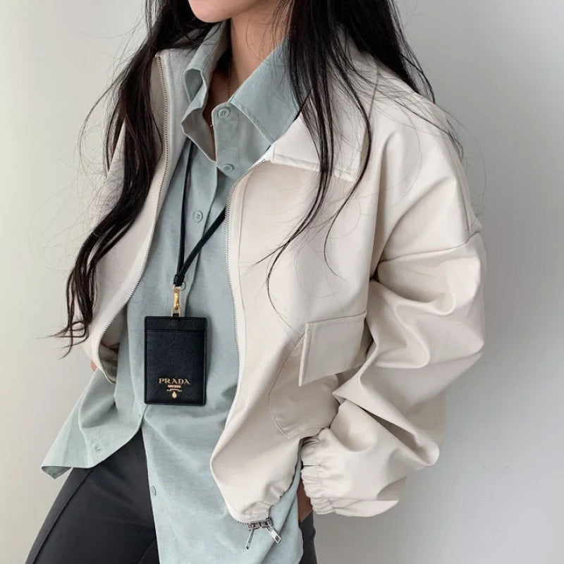 Lapel Double Zipper Pocket Long Sleeve Leather Coat - WOMONA.COM