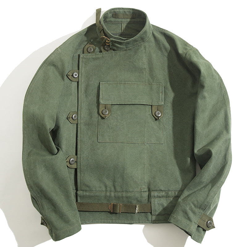 Men's Washed Green Cotton Biker-Style Jacket, Green - product view 6