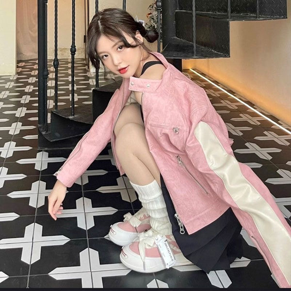 Women's Short Pink Zipper Stitching Leather Coat - WOMONA.COM