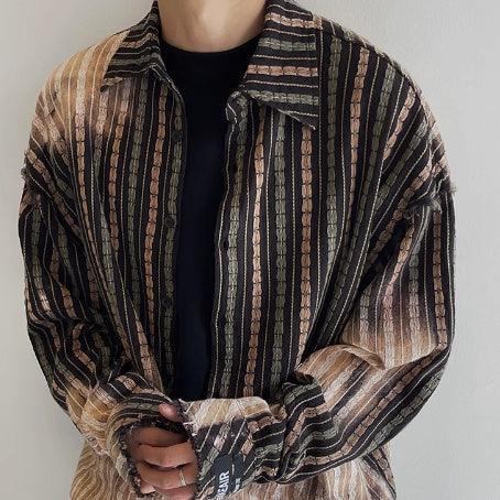 Faded Washed Jacquard Destroyed Long Sleeve Shirt - WOMONA.COM