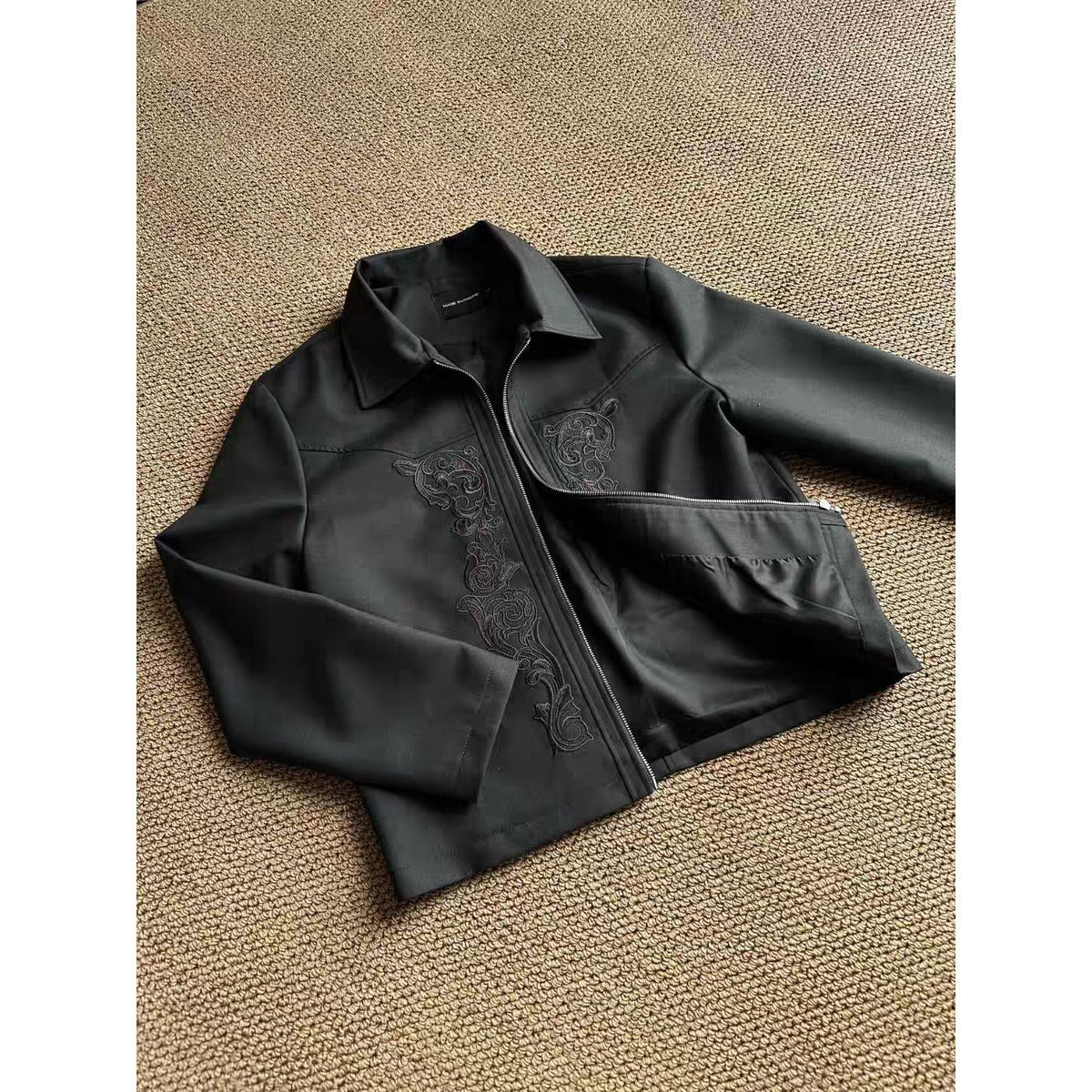 Men's Embroidered Zip-Front Collared Jacket, Black - product view 5