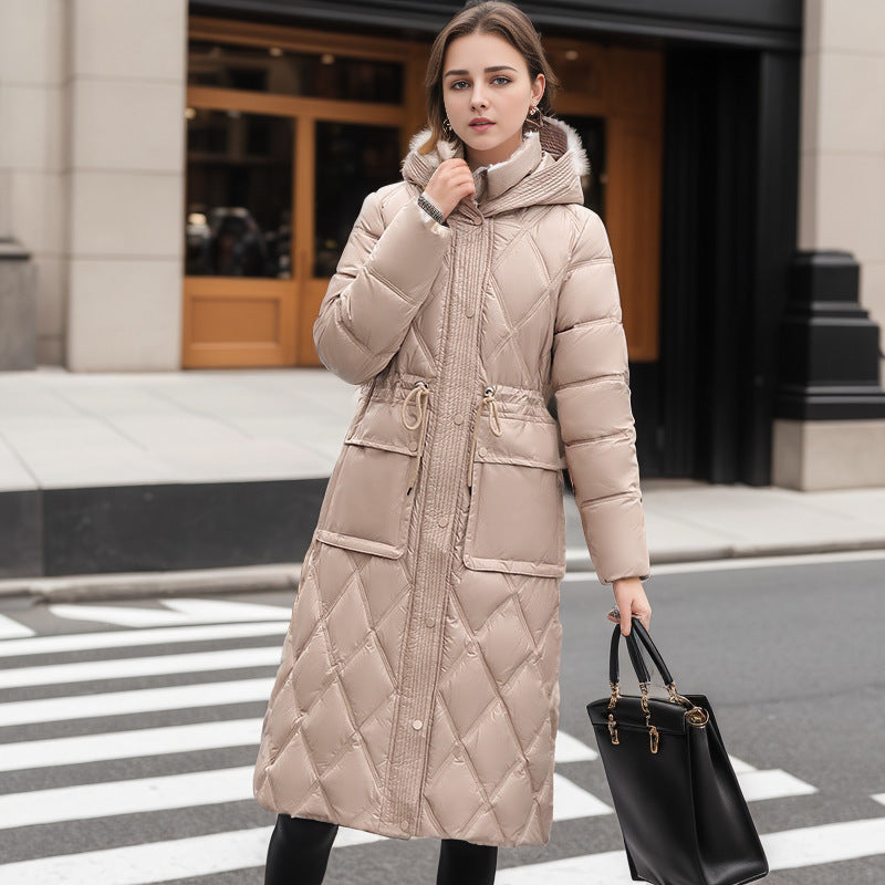 Chaqueta de plumón gruesa de invierno con capucha y largo hasta la rodilla para mujer