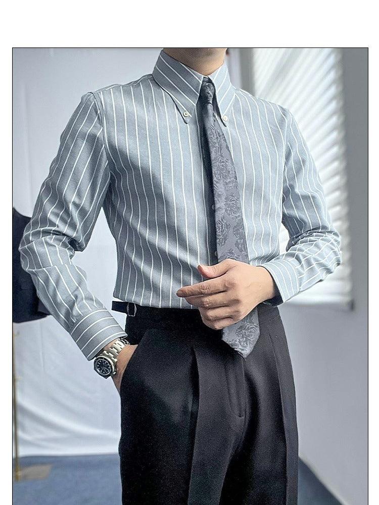 Light blue striped long-sleeve button-up shirt with stand collar and cuffs