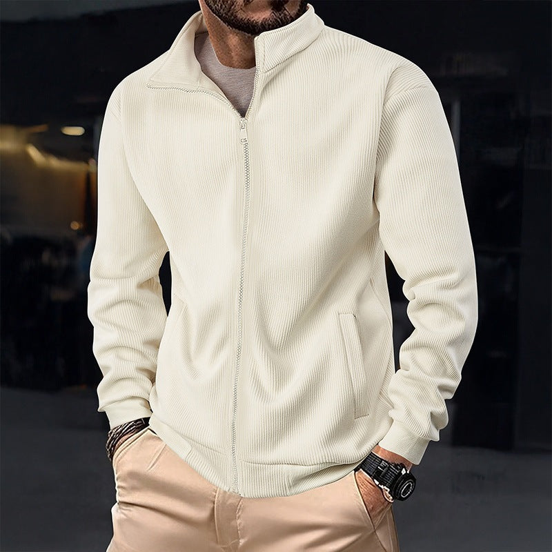 Light cream mens stand-collar padded zip jacket with side zip pockets.