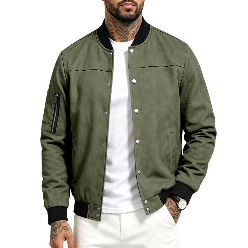 Men's suede-blend stand-neck jacket, army green with snap buttons and ribbed cuffs