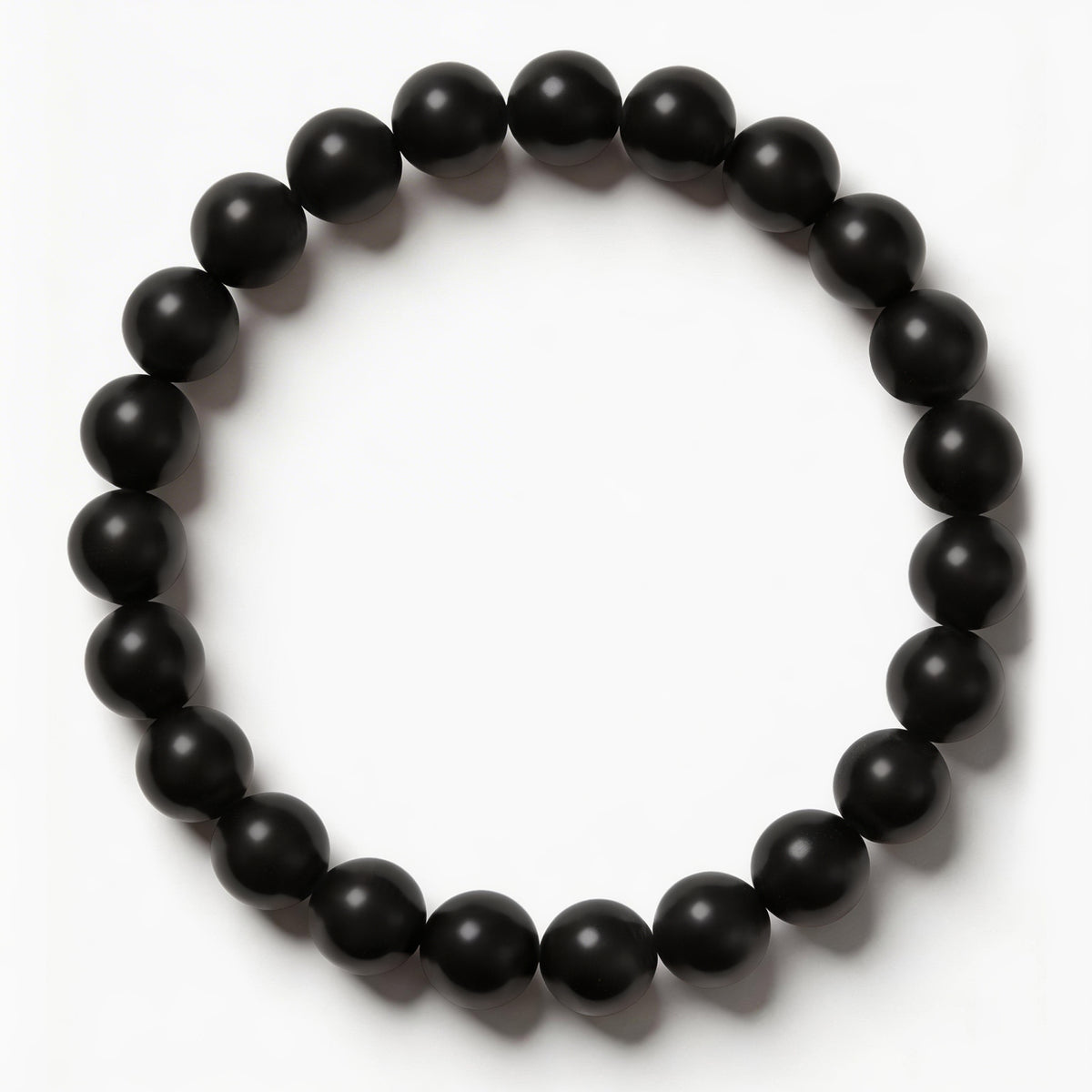 Black round bead bracelet, minimalist circular design on a white background.