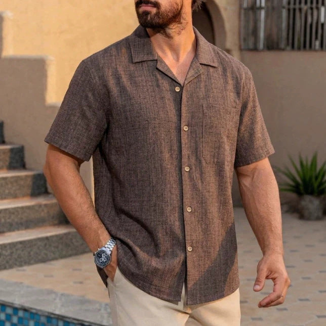 Men's short-sleeve button-up dress shirt in dark brown with chest pocket