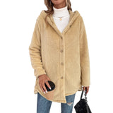 Button Plush Irregular Solid Color Hooded Jacket - WOMONA.COM