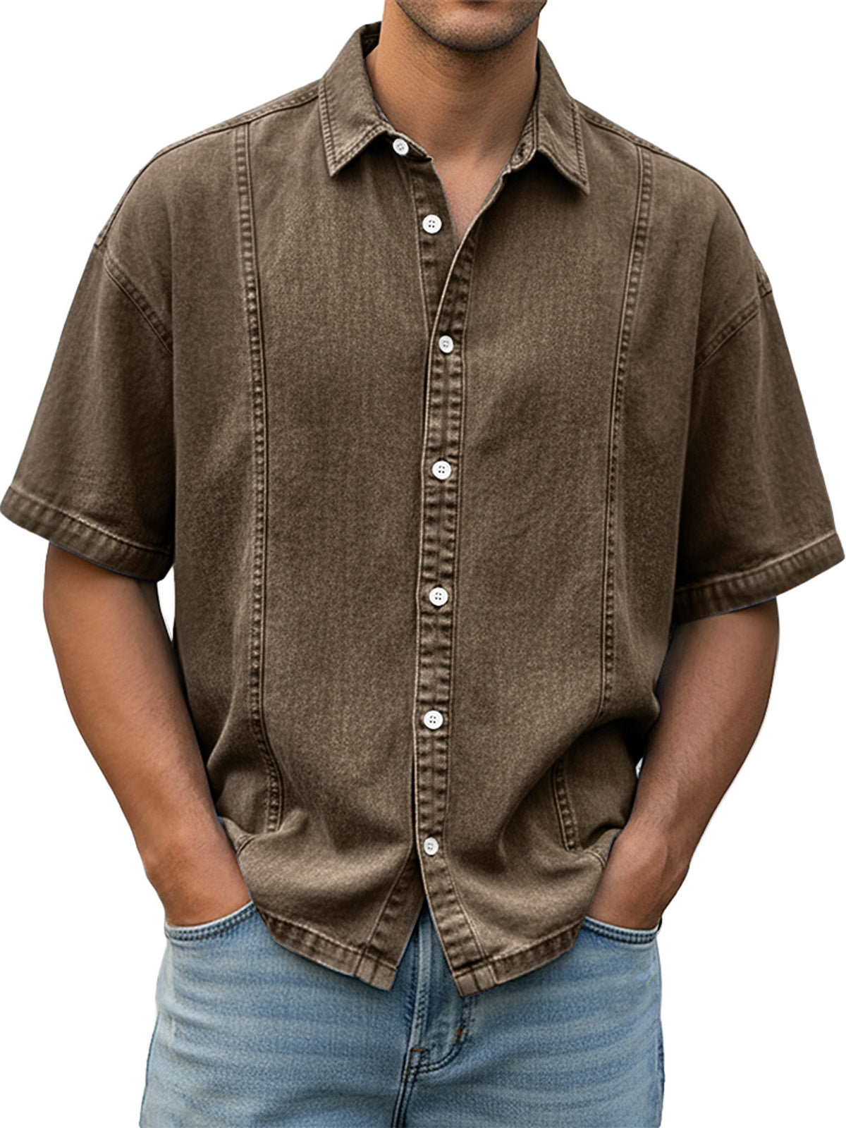 Men's short-sleeve button-up denim shirt in brown, point collar and button placket