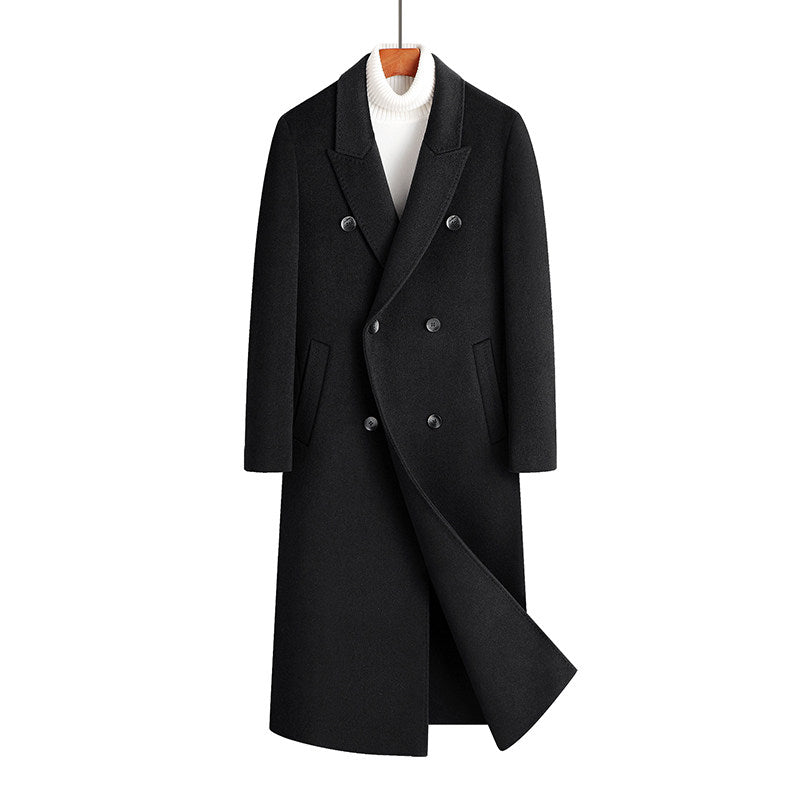 Men's black double-breasted wool overcoat with notched lapels and buttoned front