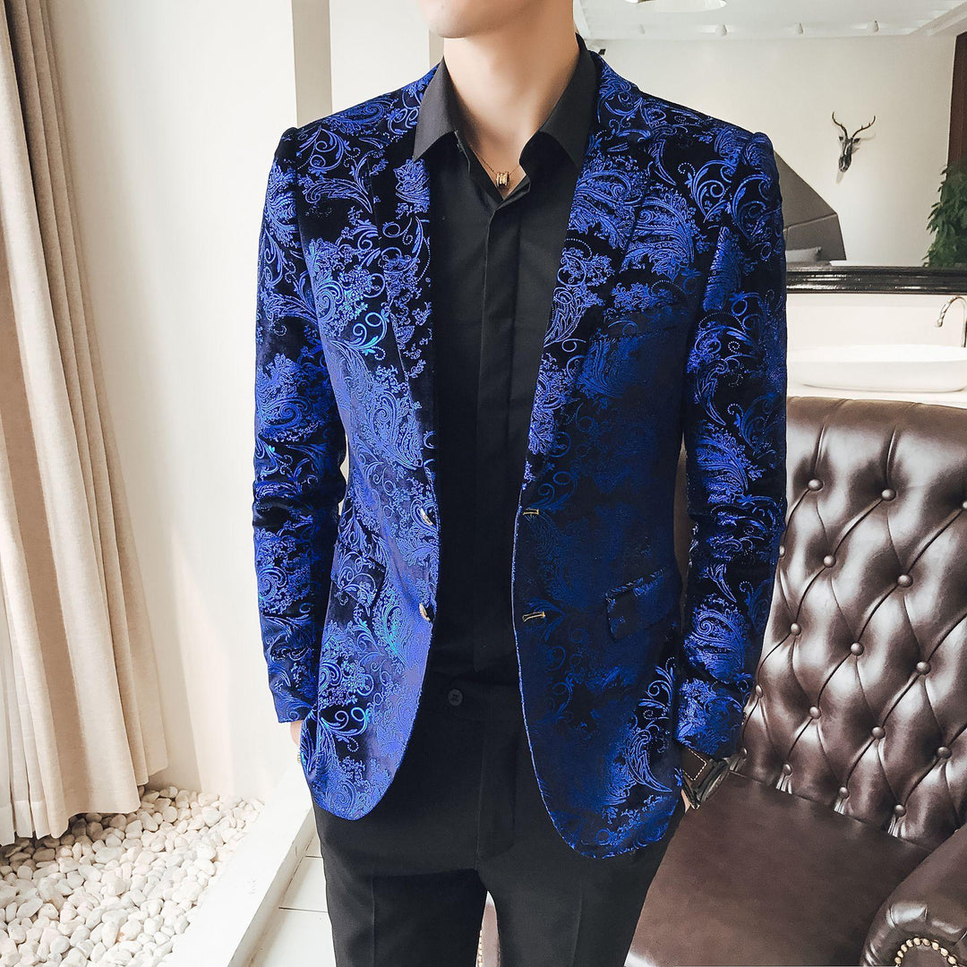 Blue baroque-pattern blazer with satin-like sheen, notched lapels, front button closure