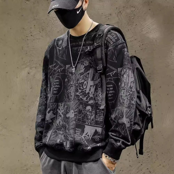 Cartoon Printed Sweater Men's Loose Round Neck