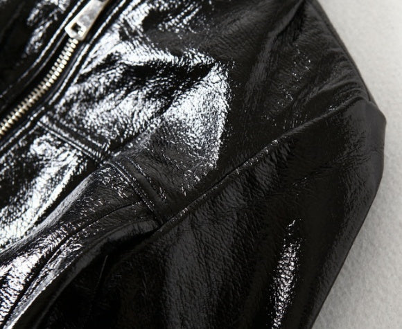 Black Bright Leather PU Short Motorcycle Leather Jacket - WOMONA.COM