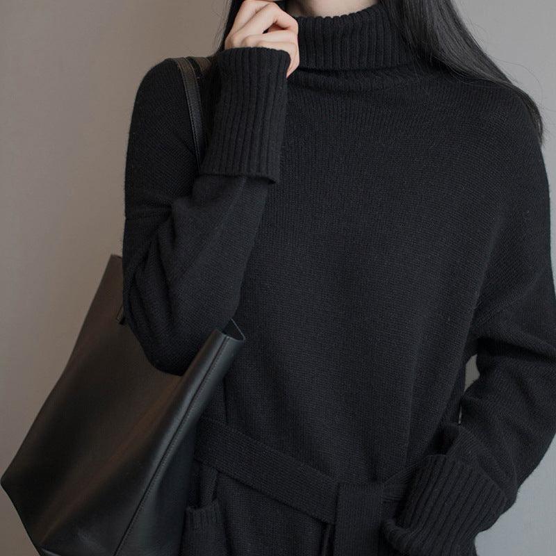 Women's knit turtleneck sweater, black, ribbed collar and cuffs, belted waist with pockets