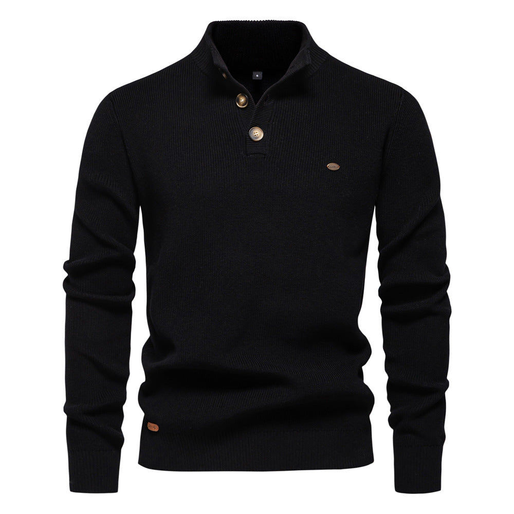 Men's Stand-Collar Button & Zip-Neck Knit Pullover, Button Neck - Black - product view 18