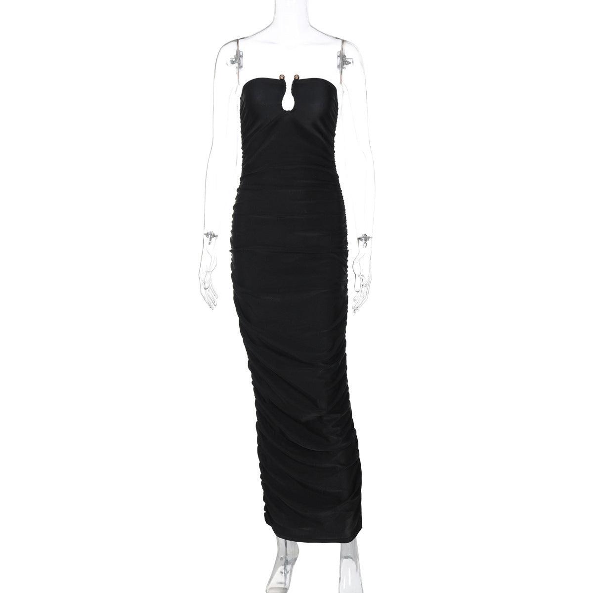 Black strapless fitted midi dress, keyhole neckline and ruched body on mannequin