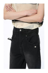 Straight Wide Leg Black Denim Fashionable Trousers - WOMONA.COM