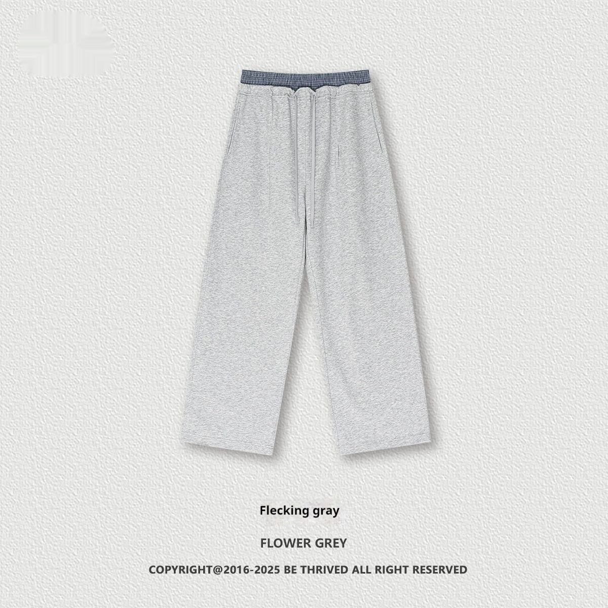 Flecked gray wide-leg pants with elastic waistband and drawstring