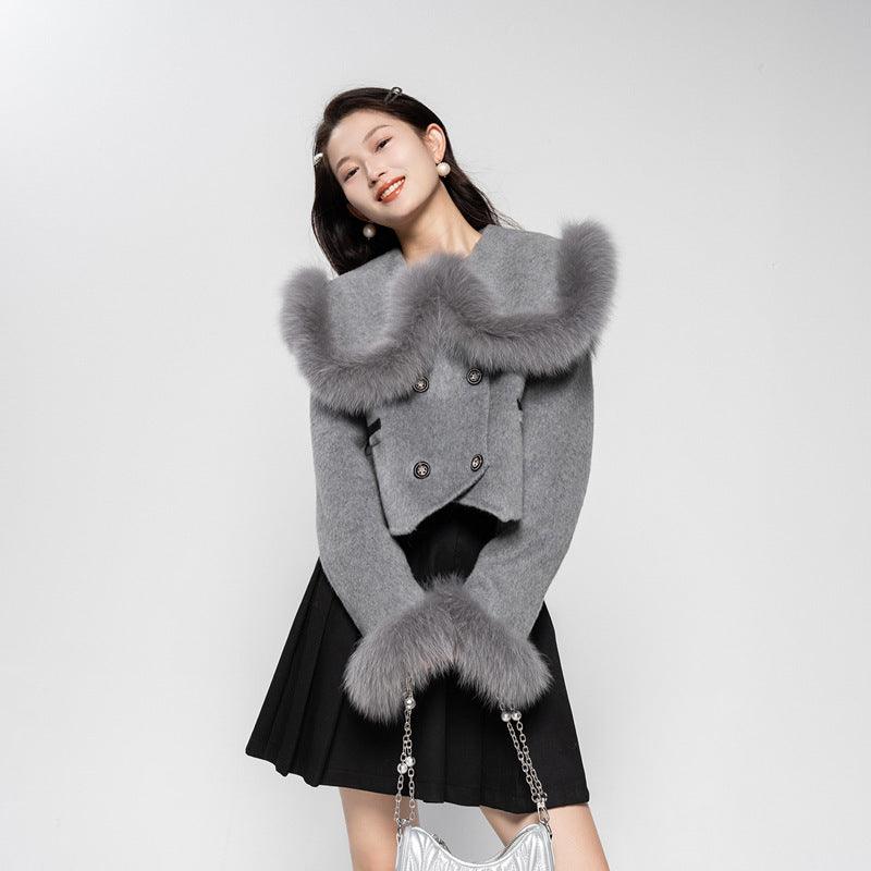 Gray short wool coat with fox-fur collar and lapels, double-breasted button front