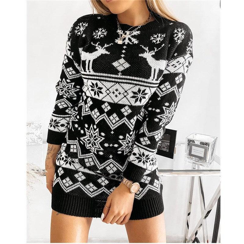 Women’s Christmas knit sweater dress, black fair isle reindeer and snowflake pattern