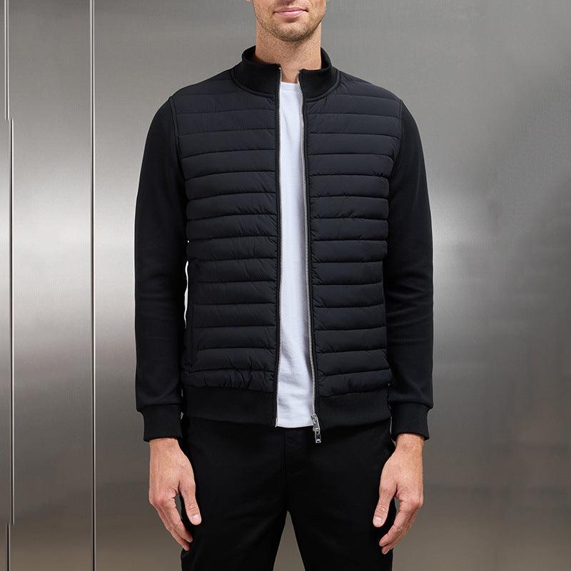 Black stand-collar quilted knitted jacket on model with zip front and ribbed cuffs