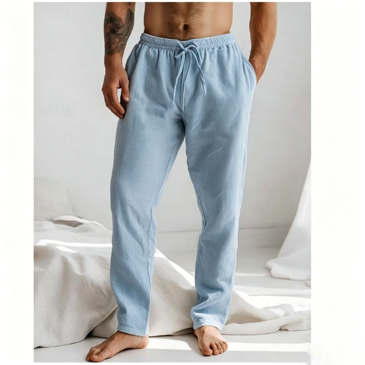 Men's loose straight-leg trousers, light blue, elastic waistband with drawstring