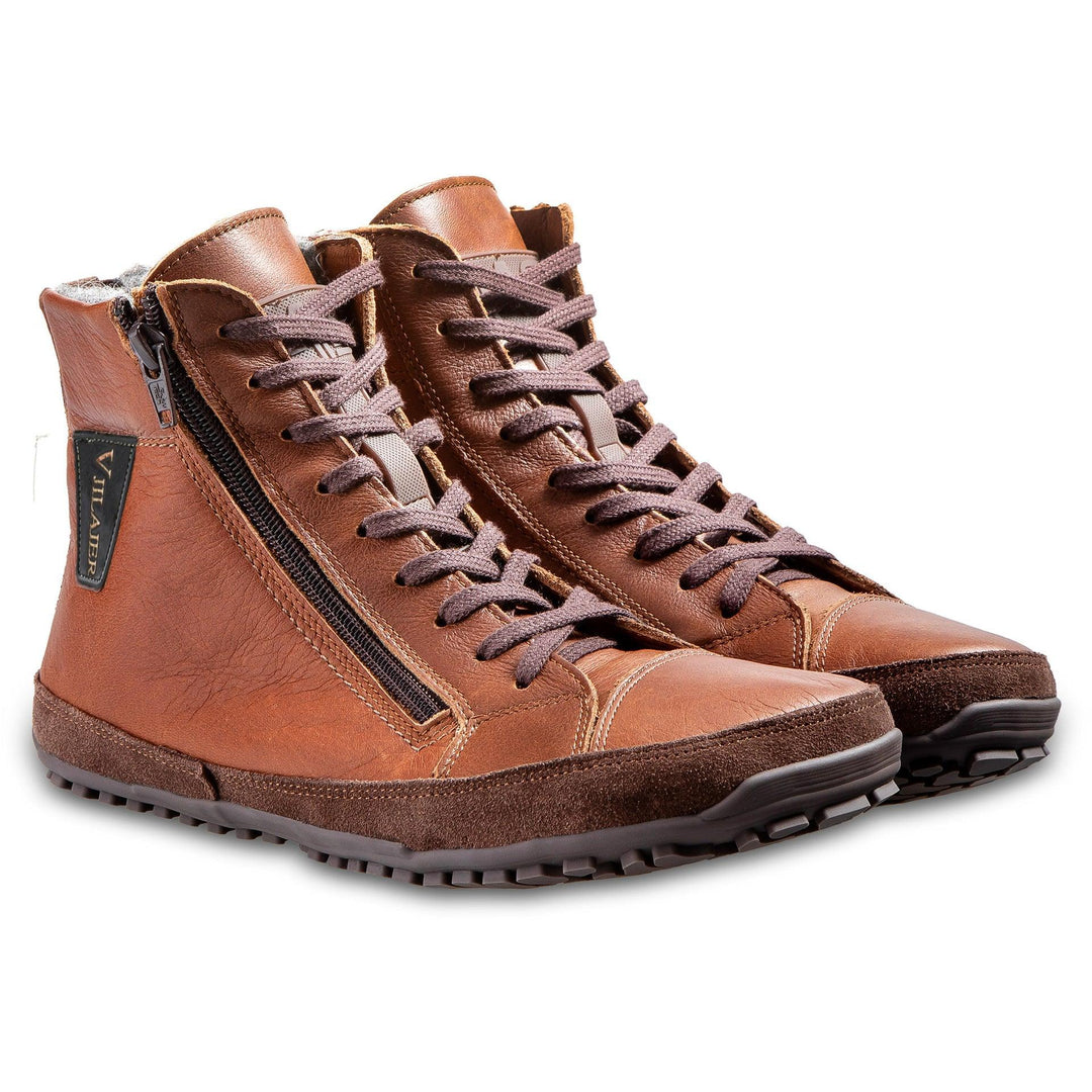 Unisex ankle boots in brown leather with side zipper and lace-up front, fleece lining.