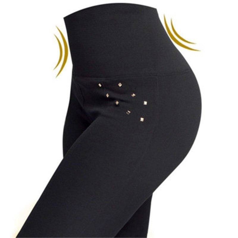 Zipper Button Hot Drilling High Waist Hip Lift Abdominal Pants