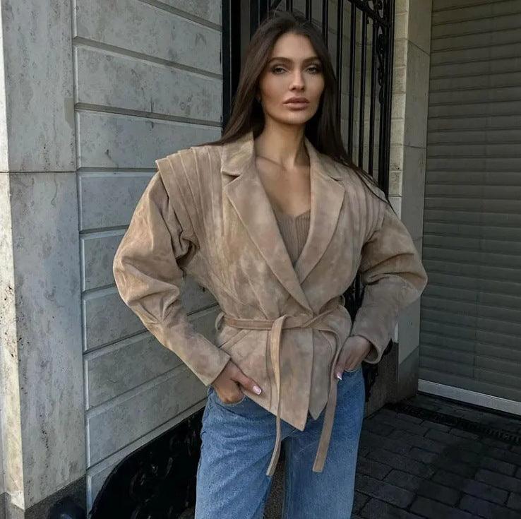 Waist Trimming Lace Up Suede Fabric Jacket - WOMONA.COM