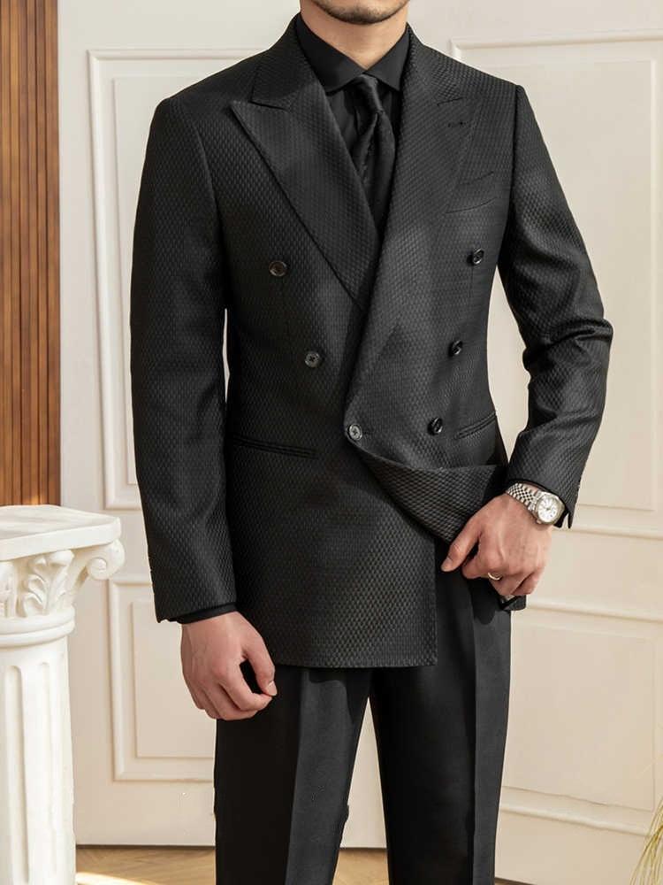 Black textured double-breasted suit jacket with side hand pocket and trousers