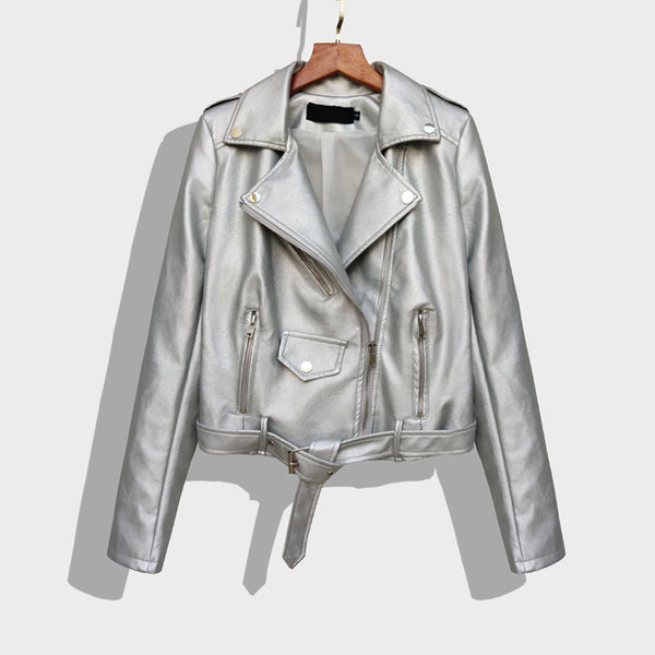 Women's Short Slim PU Leather Jacket - WOMONA.COM