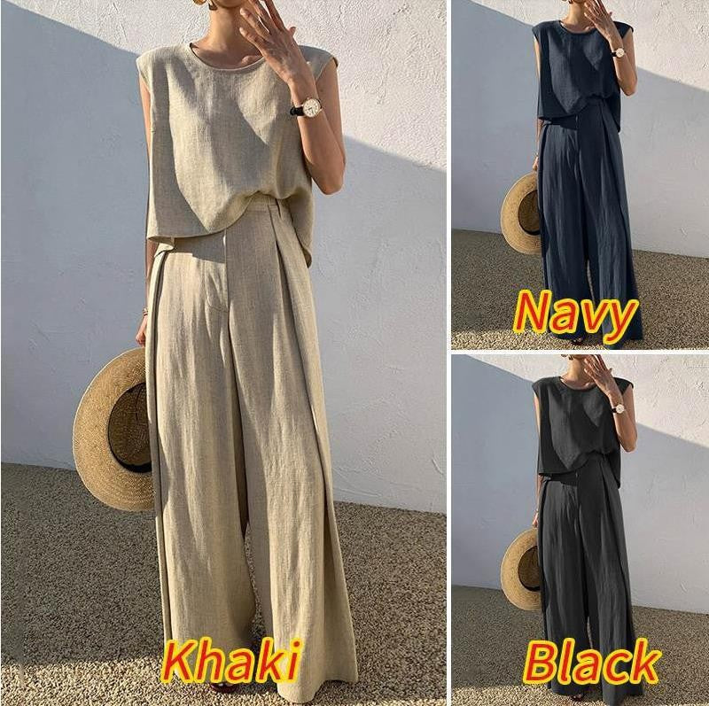 Khaki cotton-linen sleeveless top and wide-leg pants two-piece set, relaxed fit